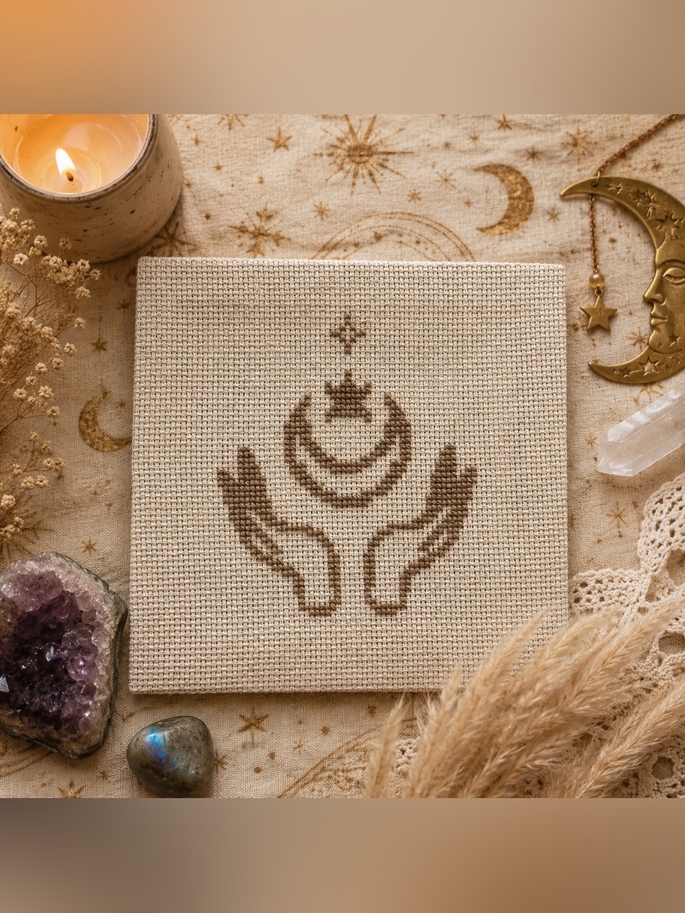 Celestial moon cross stitched canvas handmade